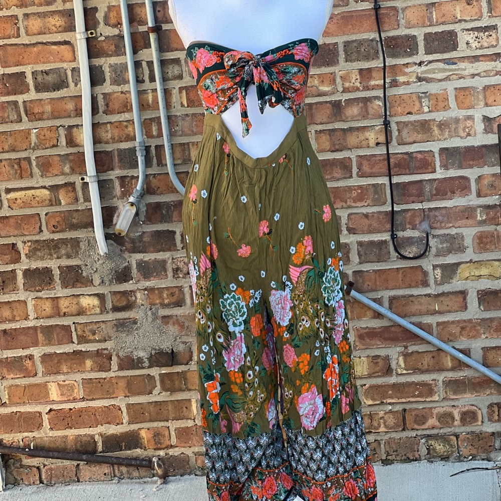 Free People Strapless Floral Jumpsuit in Green and Orange
